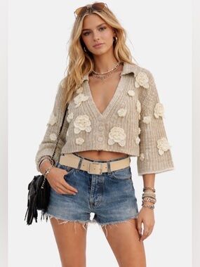 For Love & Lemons Ivy Cropped Cardigan 3D Flowers Oversized Heavy Knit Size S